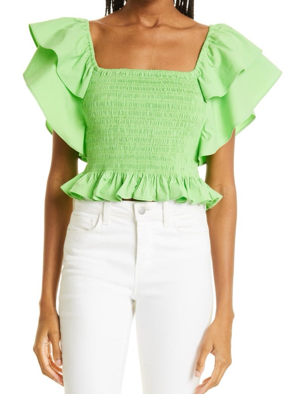 Ramy Brook Yolanda Smocked Tiered-Sleeve Peplum Top SZ M